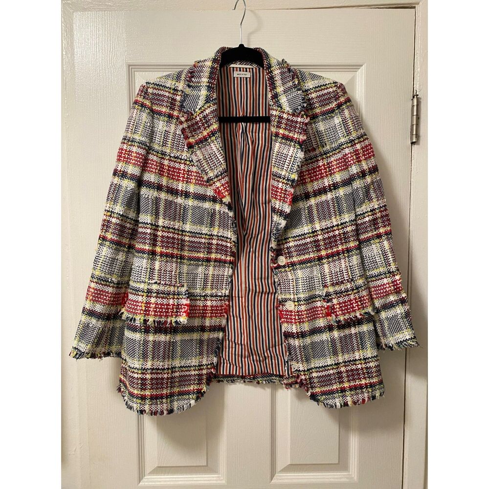 Authentic Thom Browne Plaid Tweed Tricolor Fringe Blazer Jacket – RWB Trim